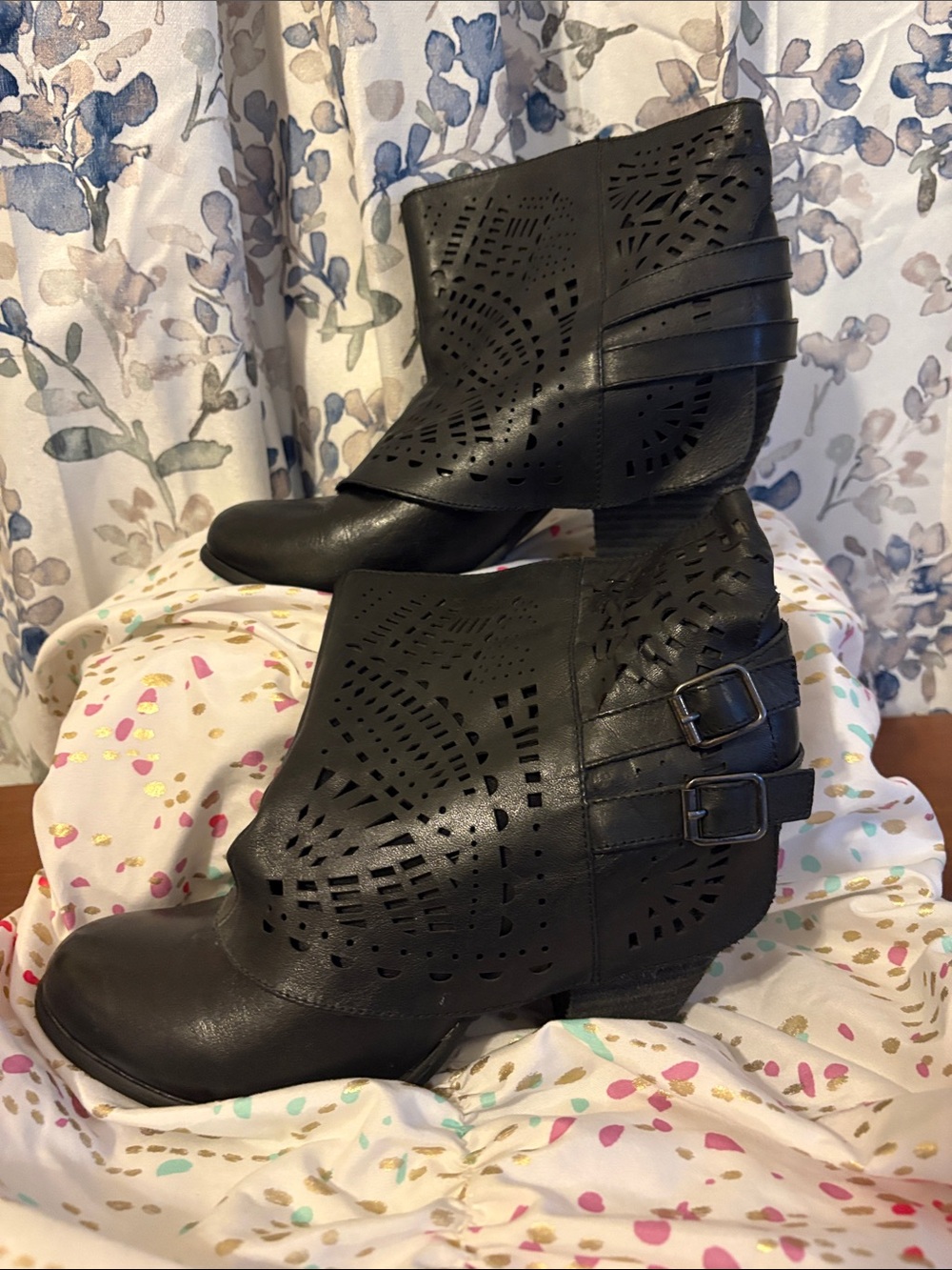 naughty monkey Black Leather Laser-Cut Ankle Booties with Buckle Straps